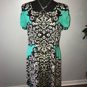 INC Teal, Black, and White Short Sleeve Dress